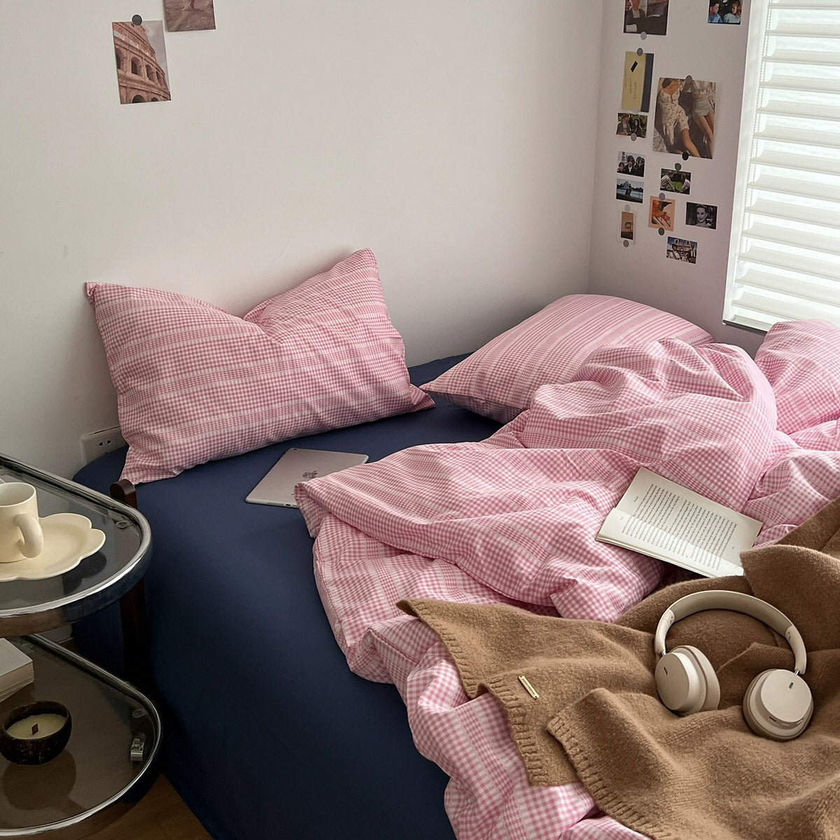pink gingham thin stripes checkered bedding duvet cover set 