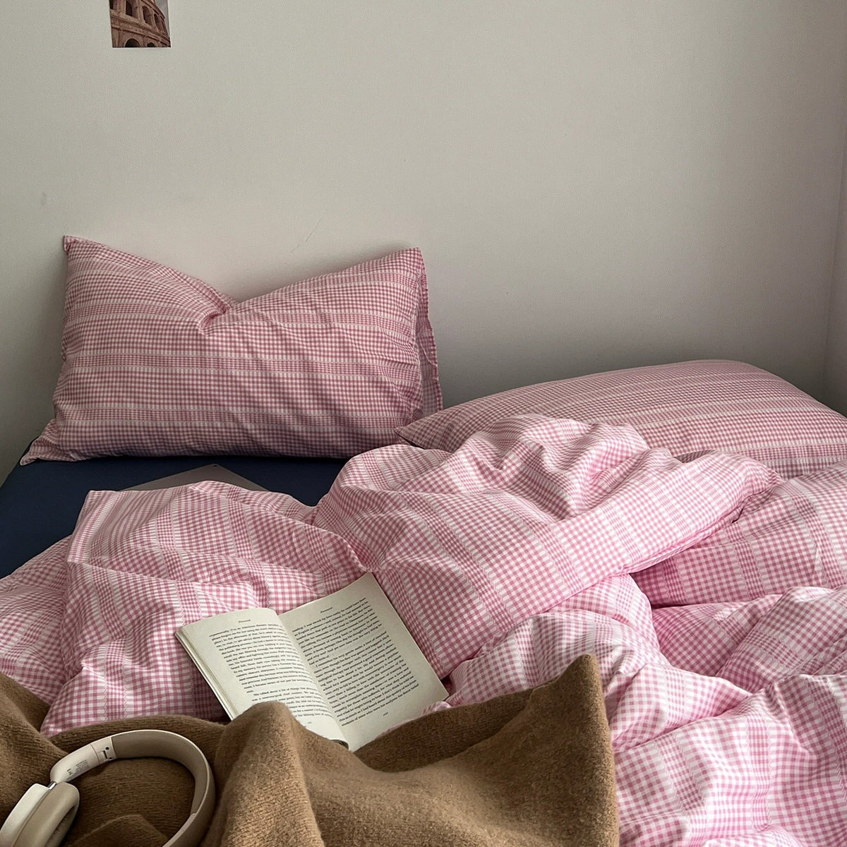 pink gingham thin stripes checkered bedding duvet cover set 