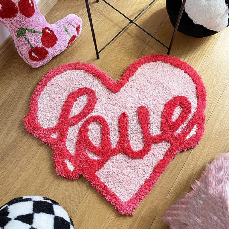 pink love word heart shaped tufted accent rug roomtery aesthetic room decor