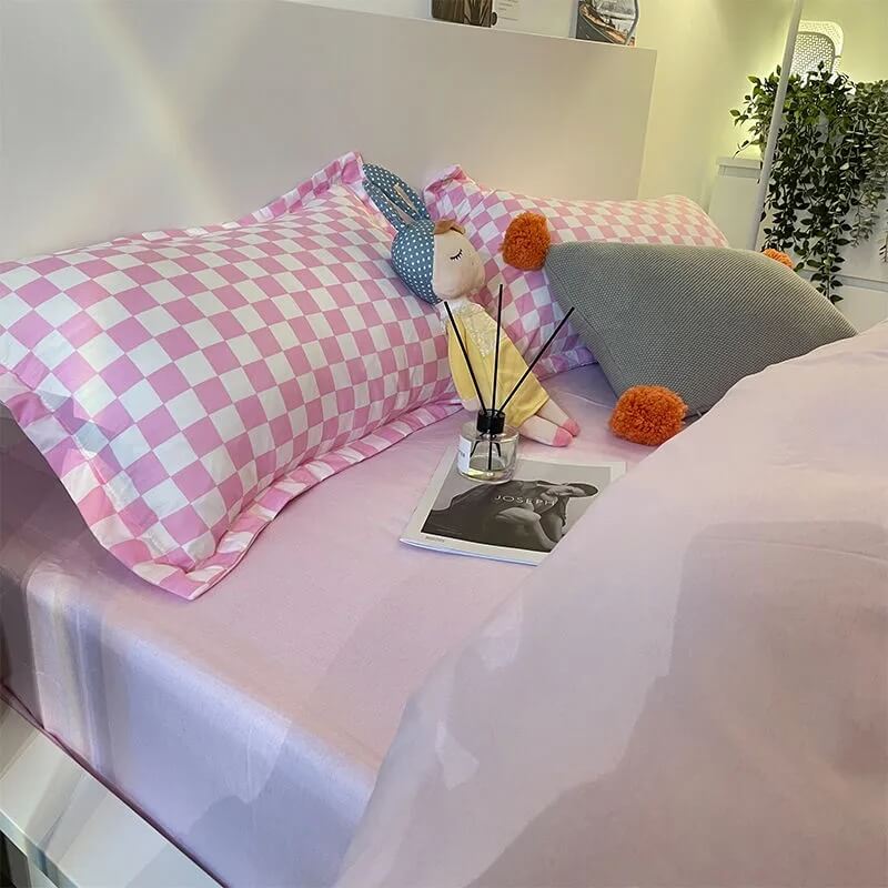pink and white checkered aesthetic bedding set roomtery