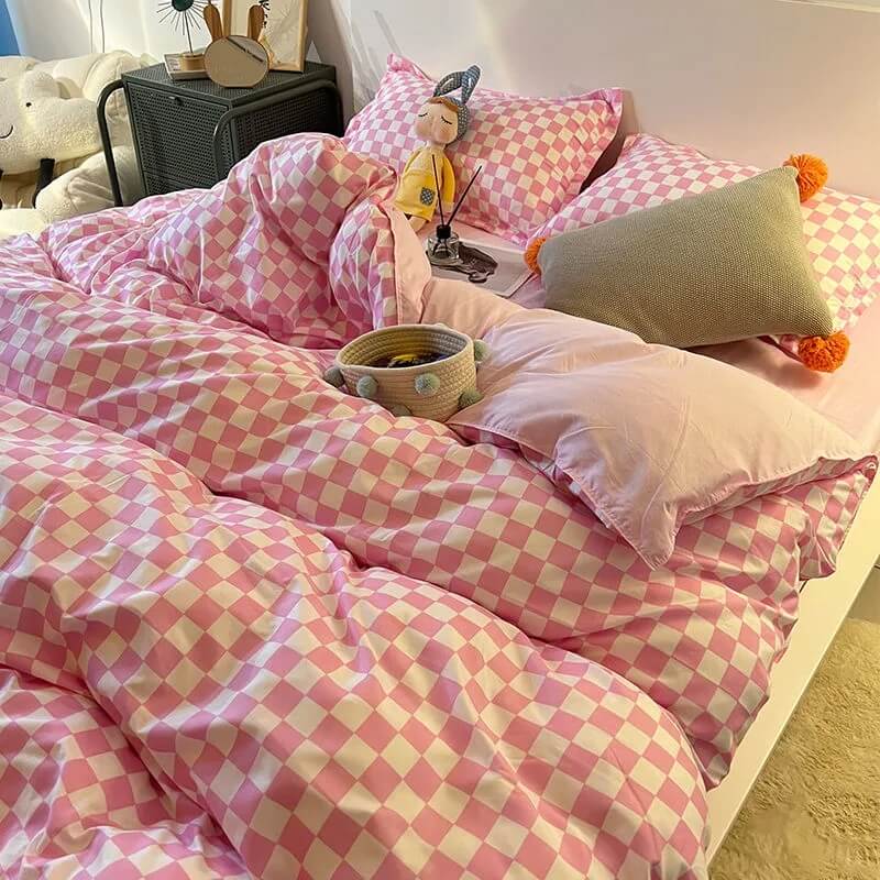 pink and white checkered aesthetic bedding set roomtery