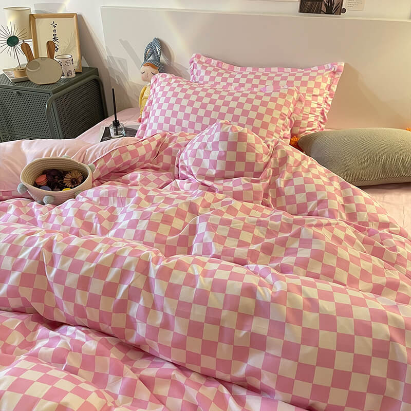pink and white checkered aesthetic bedding set roomtery