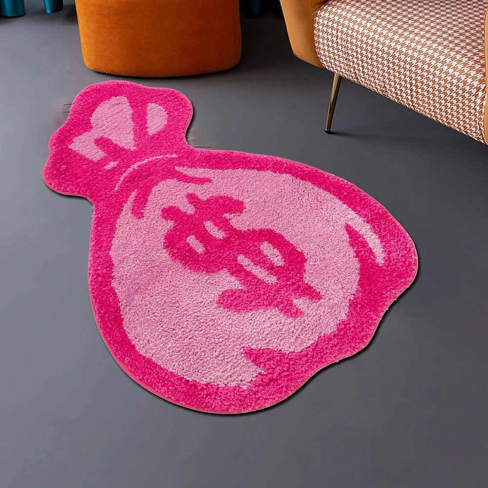 pink money bag tufted fluffy accent rug roomtery