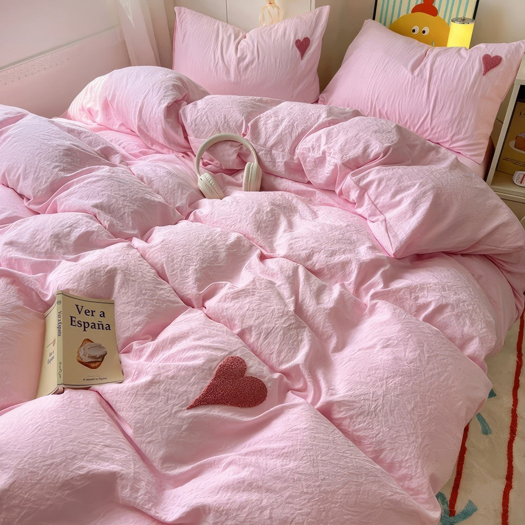 cute pink washed cotton bedding ducet cover set with red embroidered hearts roomtery
