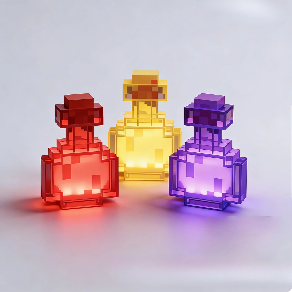 Pixel-inspired acrylic potion bottle night light with multicolor RGB LED illumination and touch or shake color-changing controls.