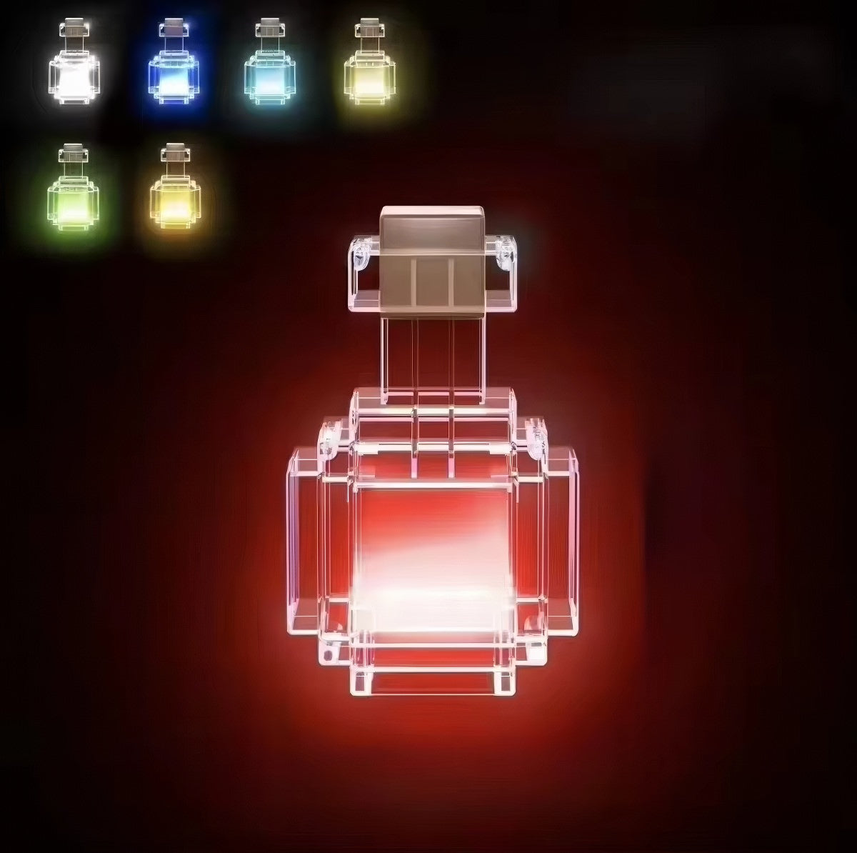 Pixel-inspired acrylic potion bottle night light with multicolor RGB LED illumination and touch or shake color-changing controls.