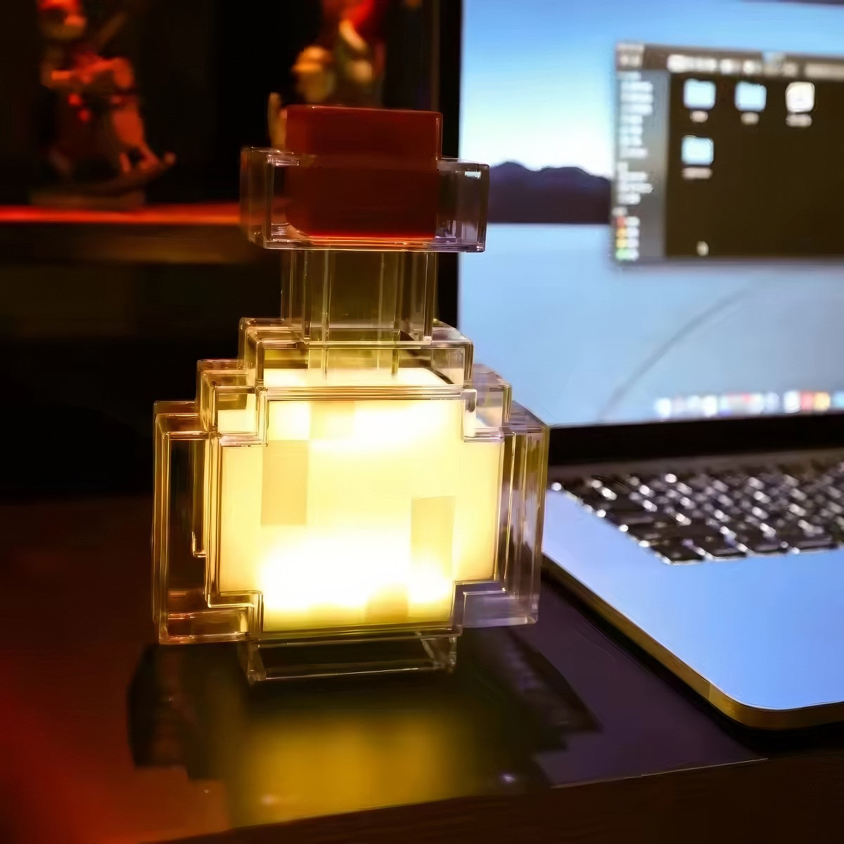 Pixel-inspired acrylic potion bottle night light with multicolor RGB LED illumination and touch or shake color-changing controls.