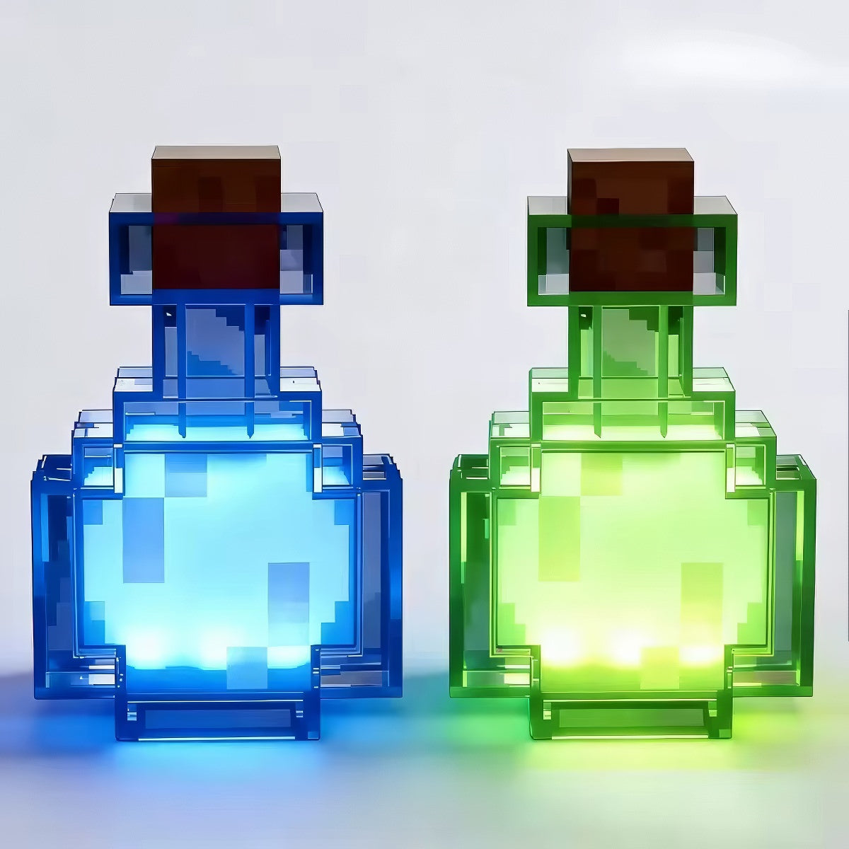 Pixel-inspired acrylic potion bottle night light with multicolor RGB LED illumination and touch or shake color-changing controls.