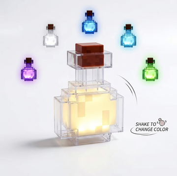 Pixel-inspired acrylic potion bottle night light with multicolor RGB LED illumination and touch or shake color-changing controls.