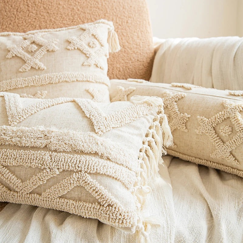 Beige Boho Tufted Cushion Cover