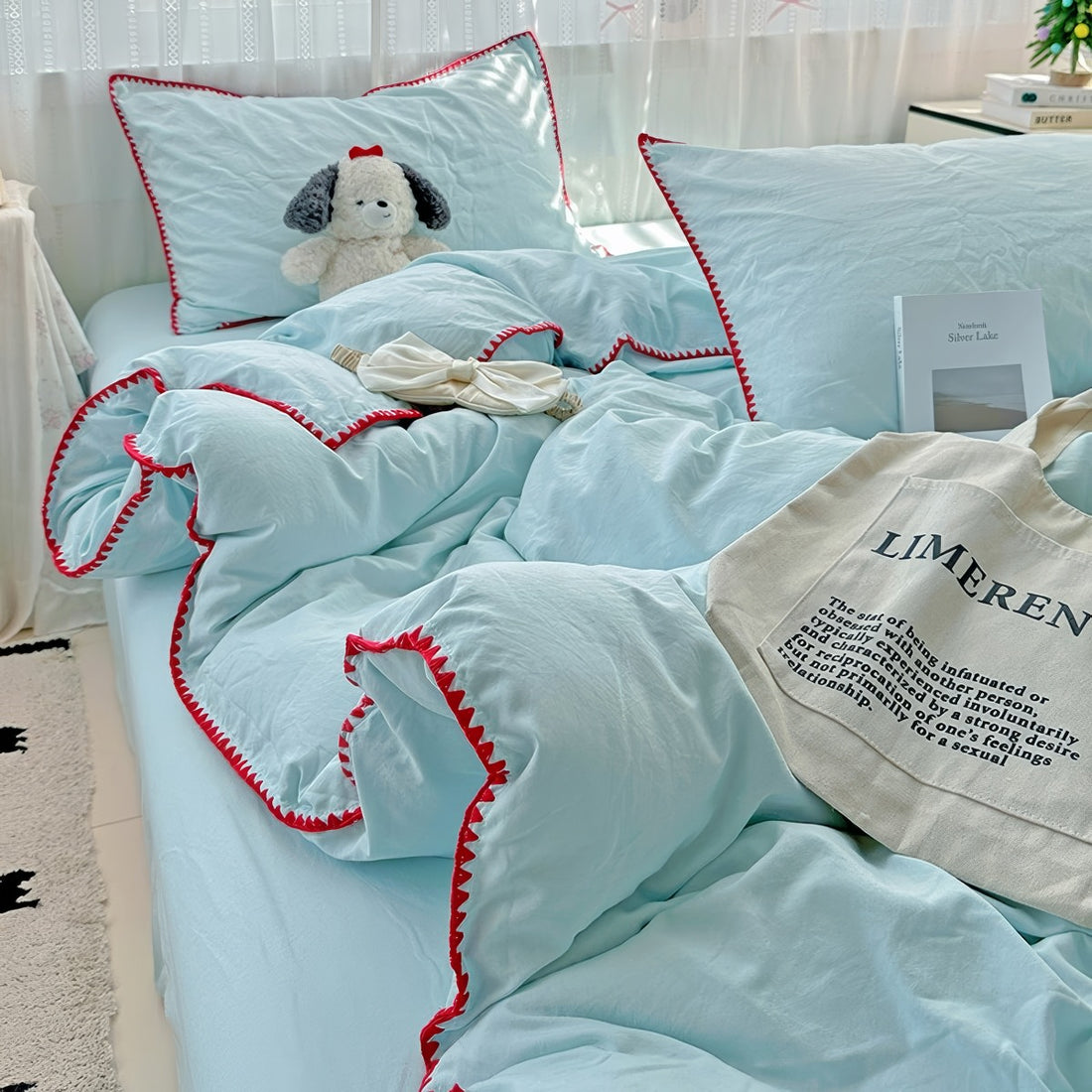 pastel aesthetic bedding duvet cover set with contrast stitched shell-edge