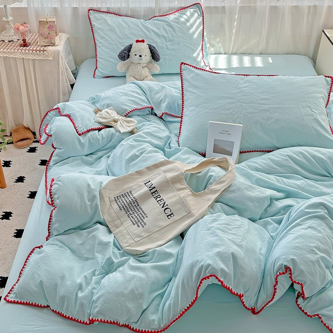 pastel aesthetic bedding duvet cover set with contrast stitched shell-edge