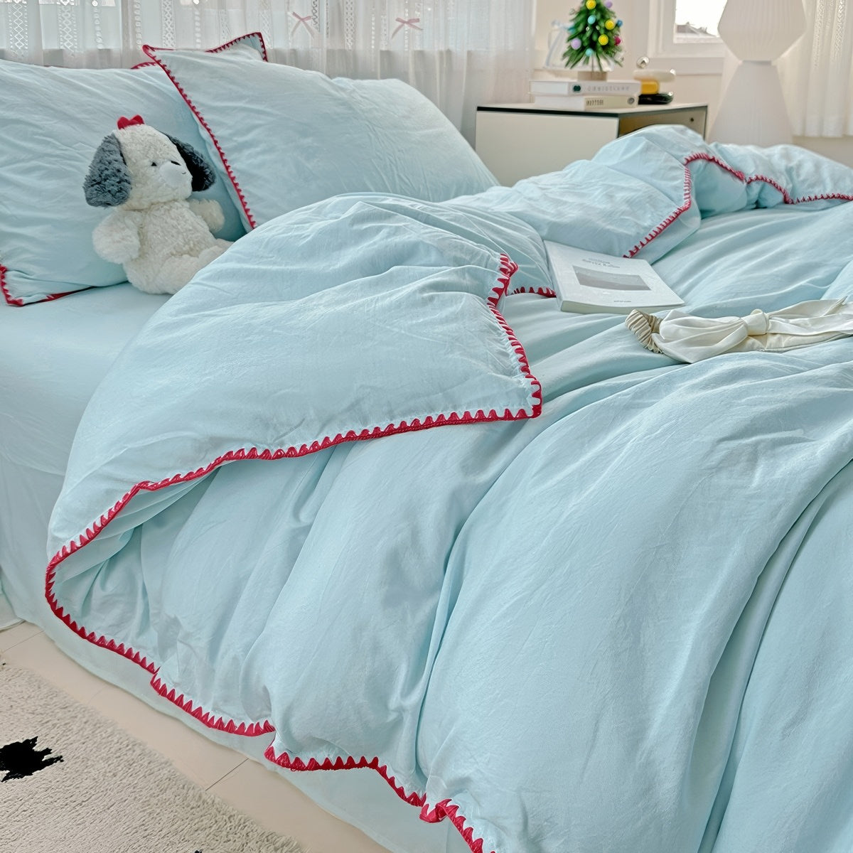 pastel aesthetic bedding duvet cover set with contrast stitched shell-edge