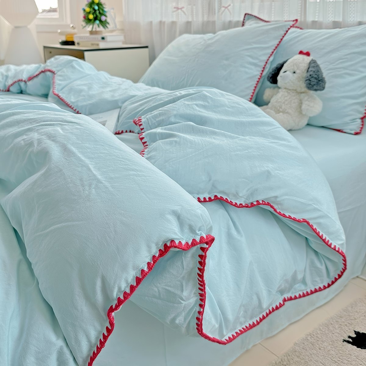 pastel aesthetic bedding duvet cover set with contrast stitched shell-edge