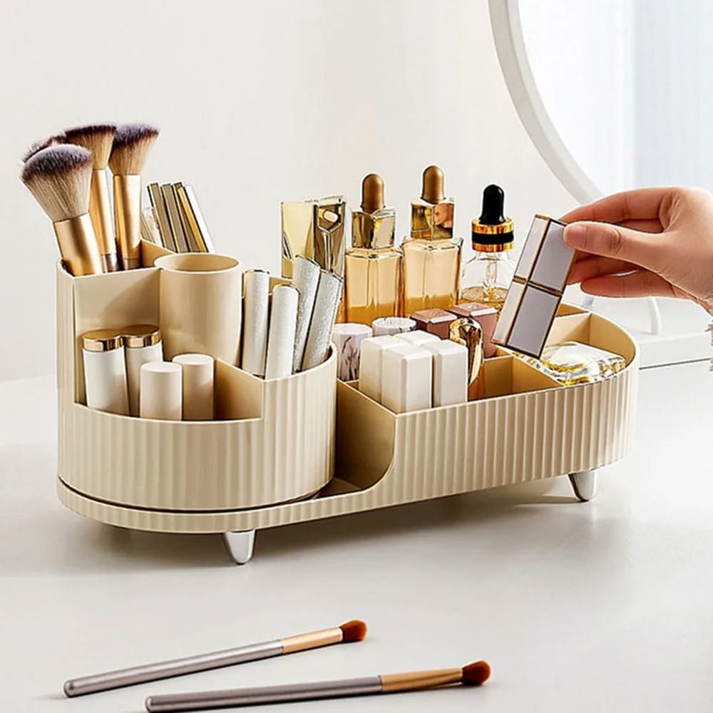 pleated texture desktop makeup organizer with rotating platform