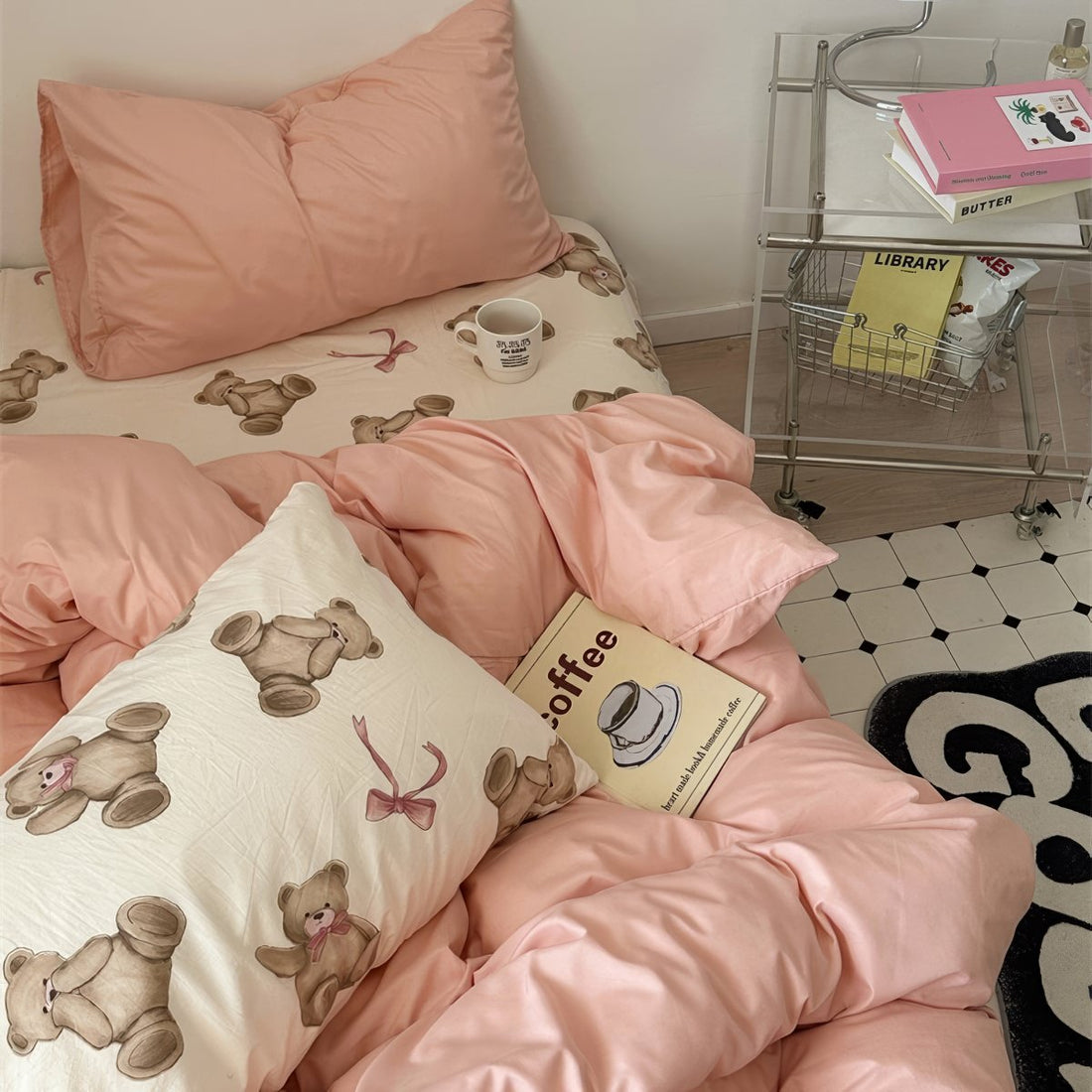 Teddy bear patterned bedding with dusty peachy pillow cases and duvet cover