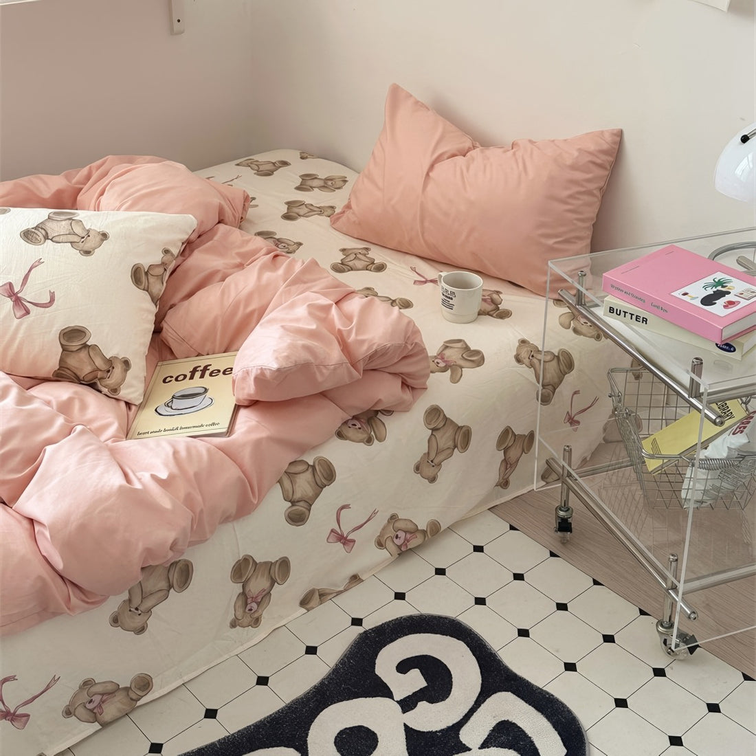 Teddy bear patterned bedding with dusty peachy pillow cases and duvet cover