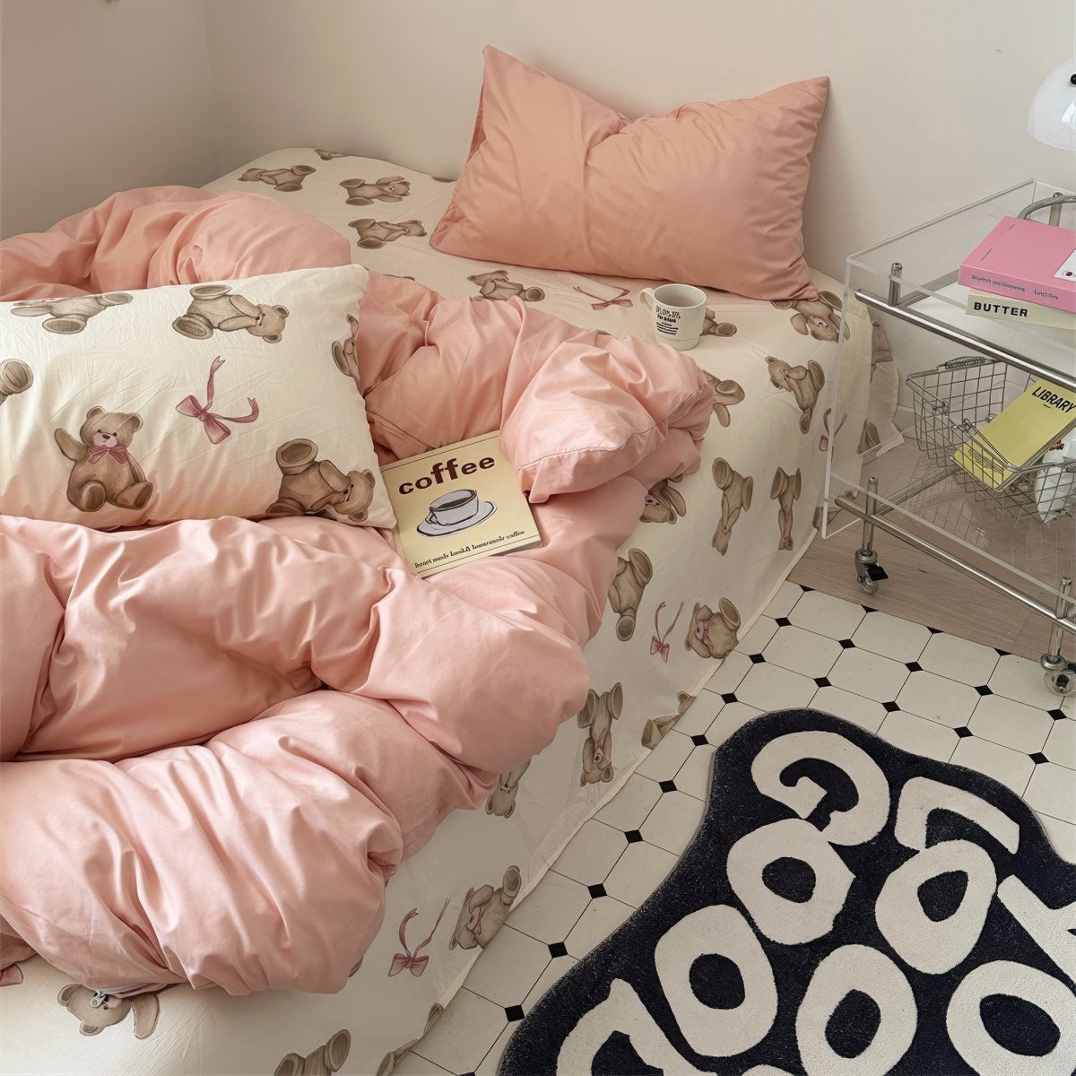 Teddy bear patterned bedding with dusty peachy pillow cases and duvet cover