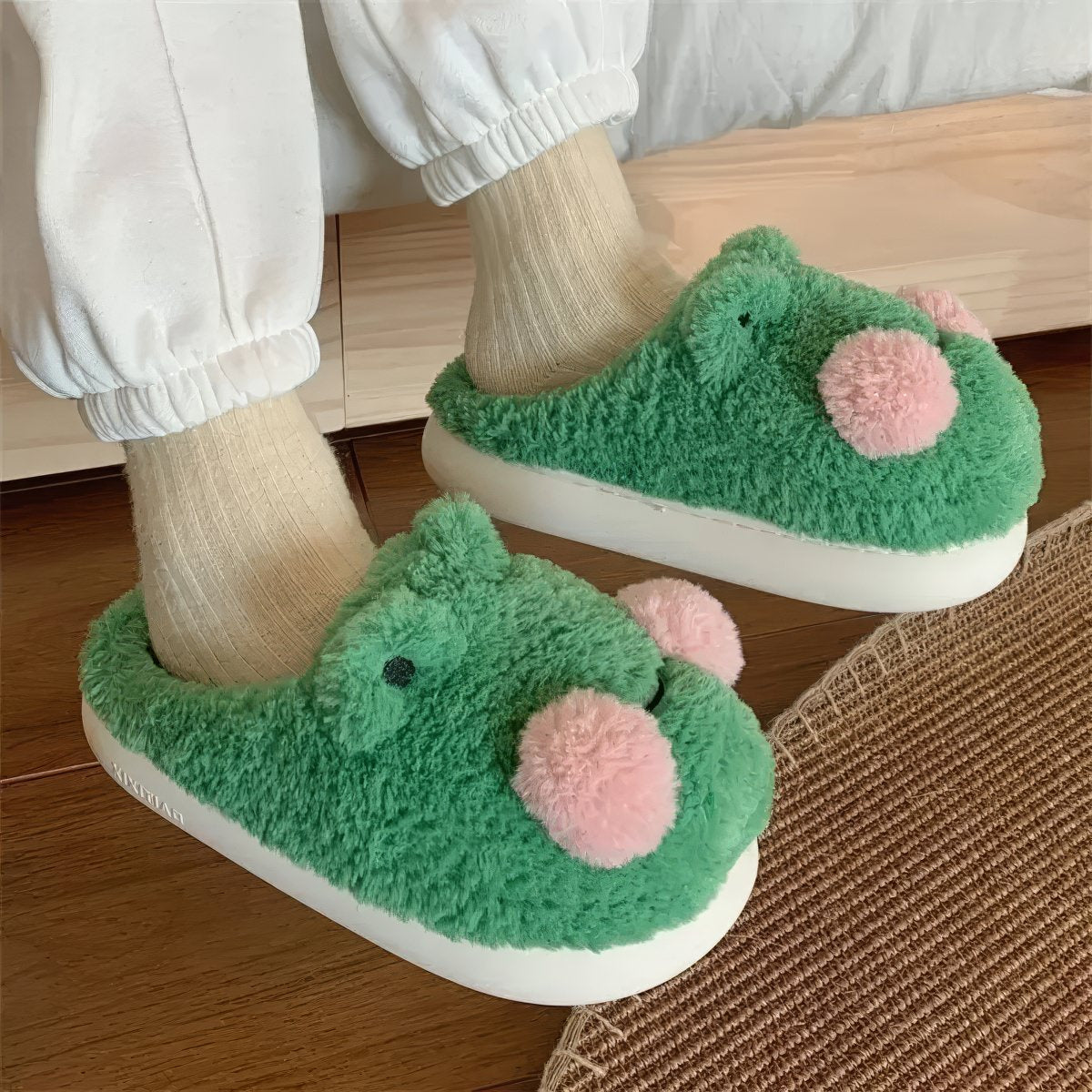 cute green plush frog house slippers