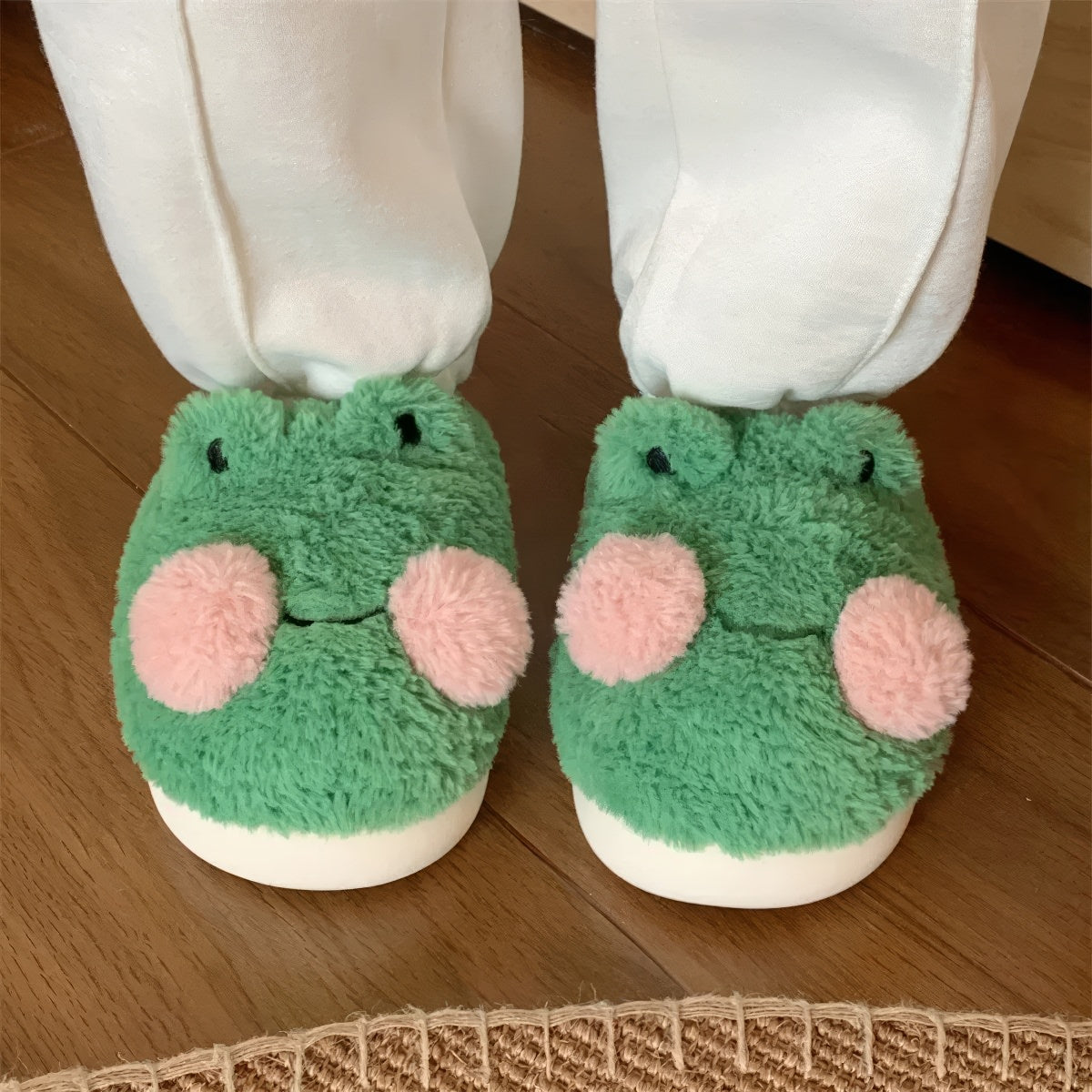 cute green plush frog house slippers