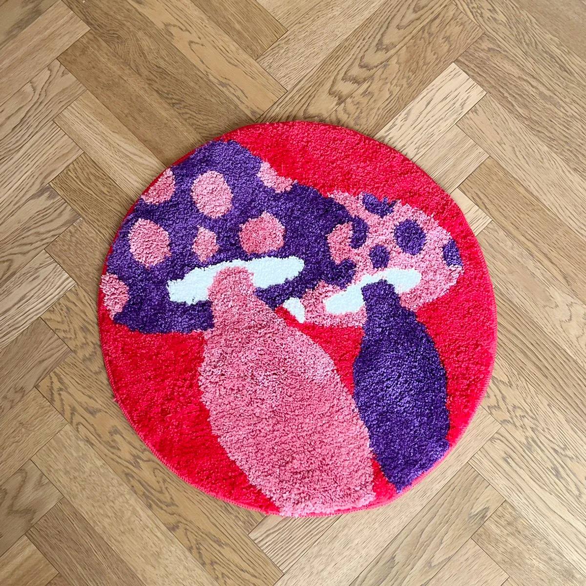 trippy indie purple mushrooms decorative tufted round accent rug 