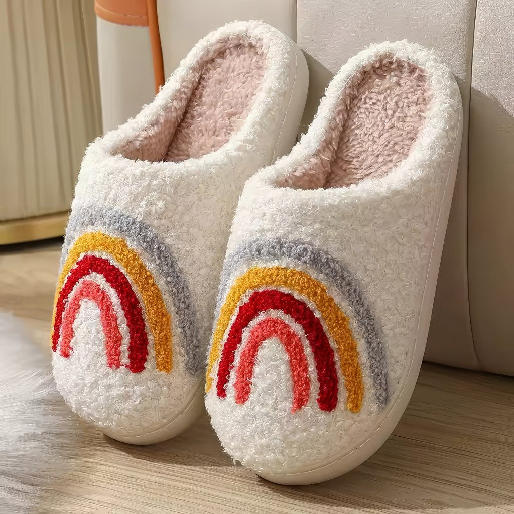 rainbow print aesthetic soft plush house slippers