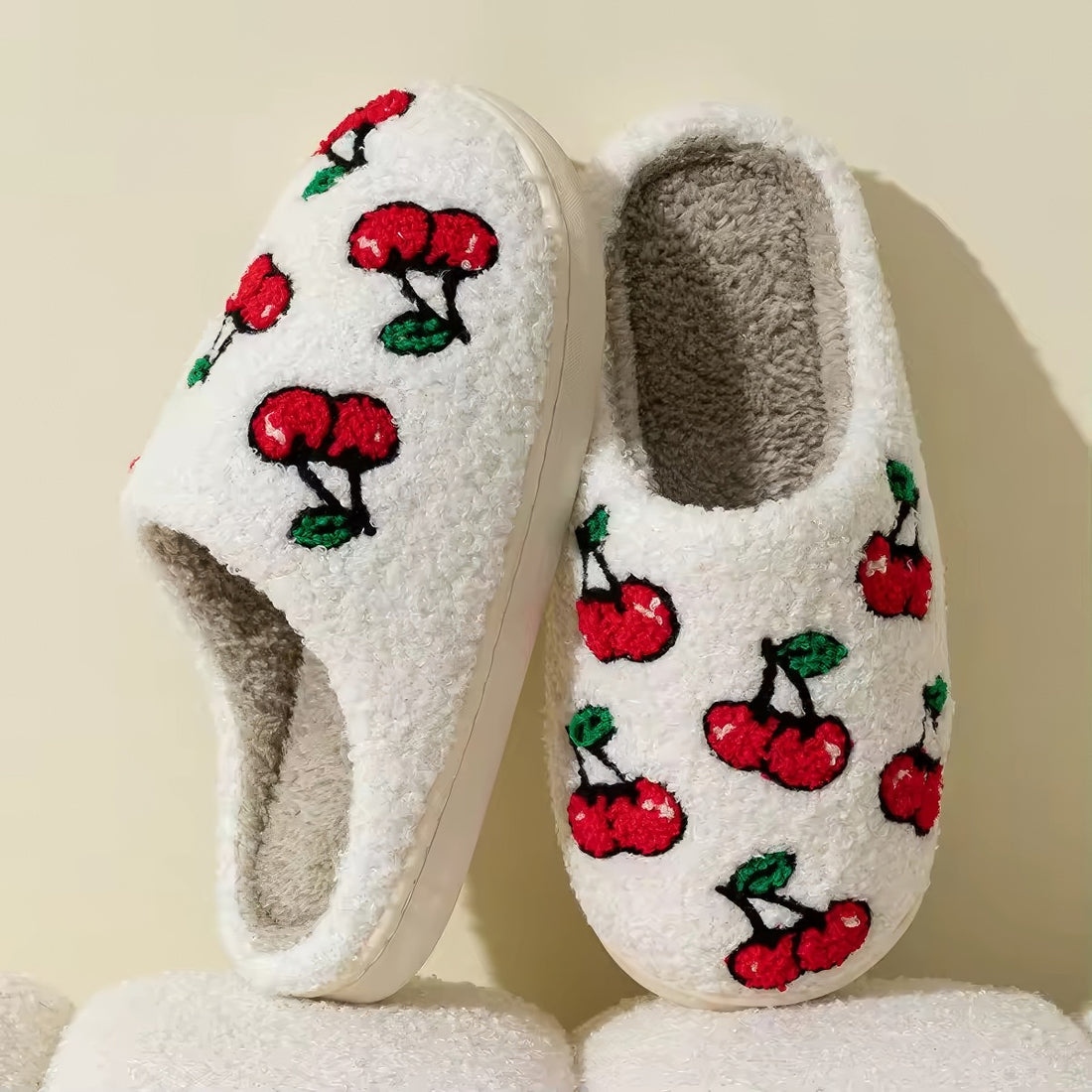 red cherries print soft plush material aesthetic house slippers 