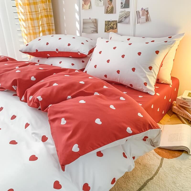 little red hearts pattern print aesthetic bedding set