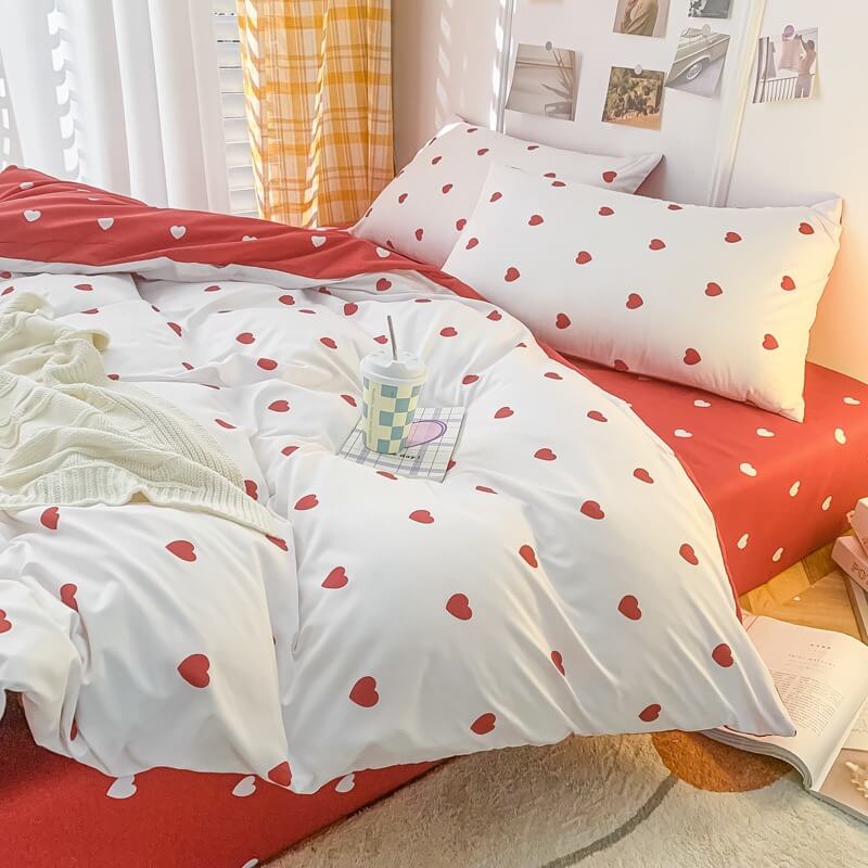little red hearts pattern print aesthetic bedding set