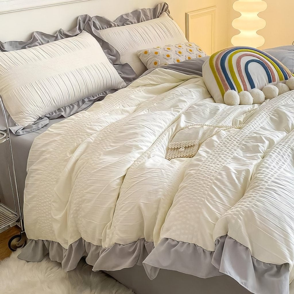 cute ruffled seersucker fabric aesthetic bedding duvet cover set 