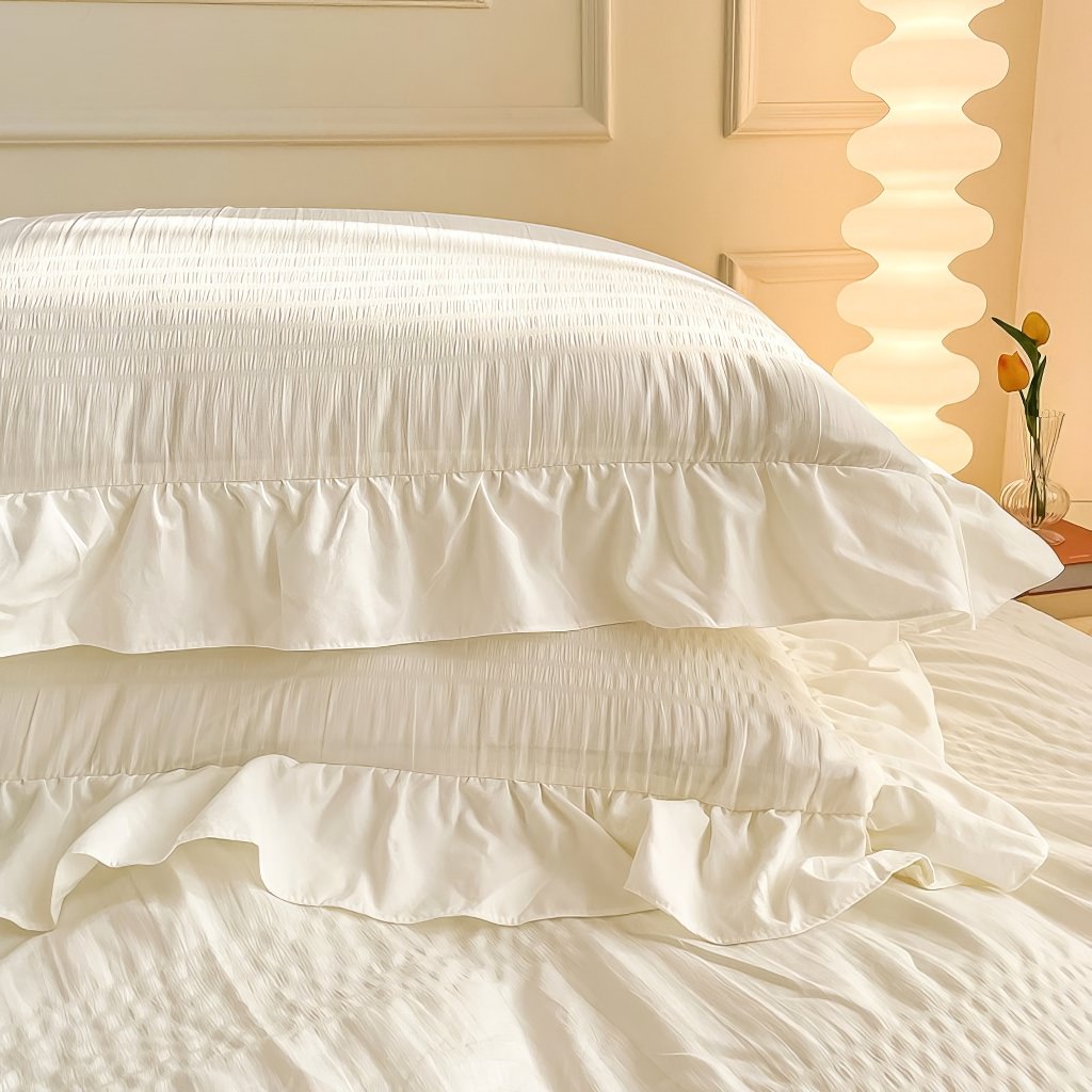 cute ruffled seersucker fabric aesthetic bedding duvet cover set 