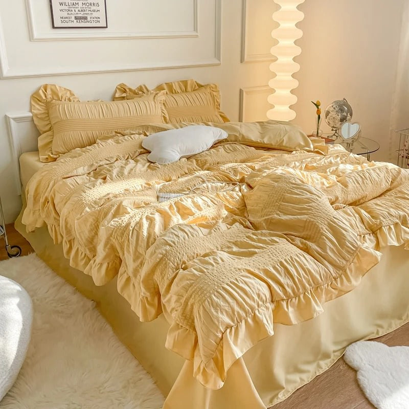 cute girly lush ruffled seersucker aesthetic bedding duvet cover set roomtery