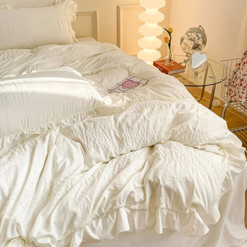 cute girly lush ruffled seersucker aesthetic bedding duvet cover set roomtery