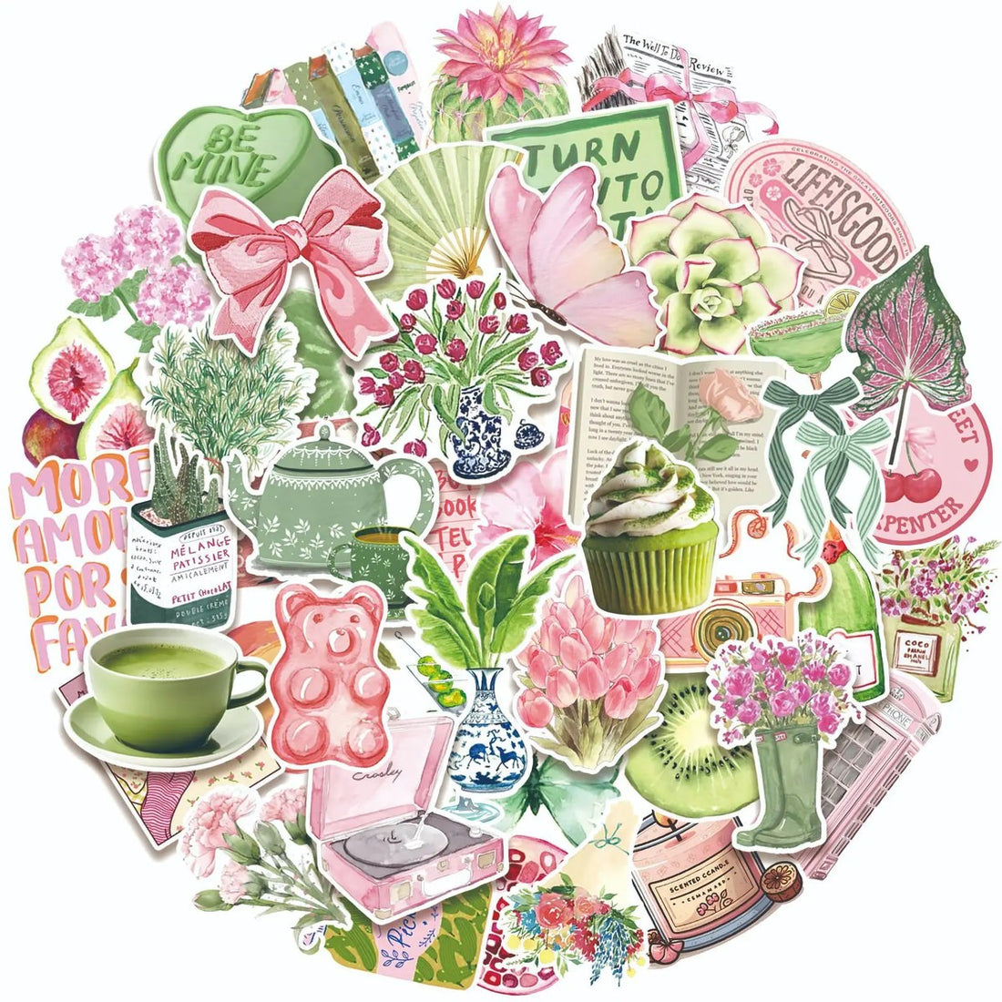 sage green and pink aesthetic stickers