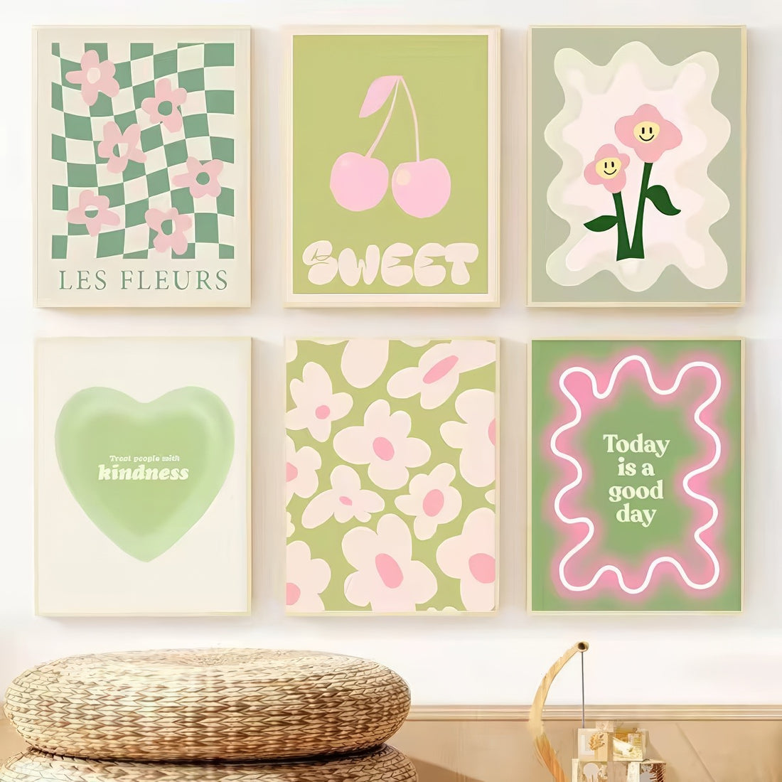 sage green aesthetic wavy pop print gallery wall art canval posters 