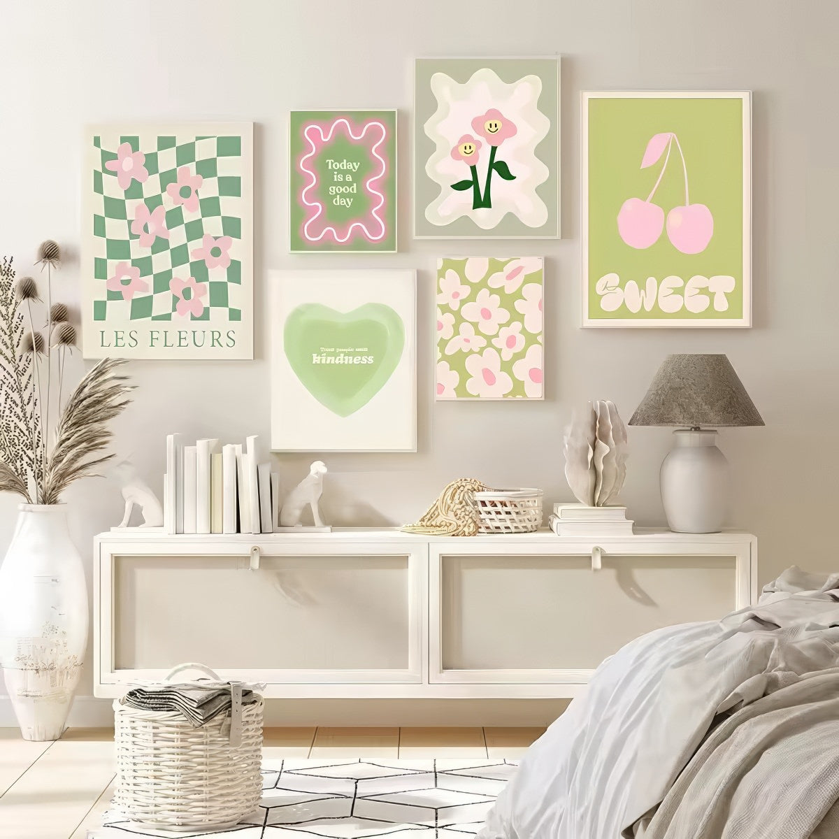 sage green aesthetic wavy pop print gallery wall art canval posters 