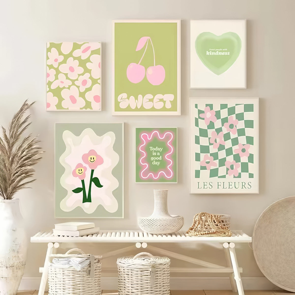 sage green aesthetic wavy pop print gallery wall art canval posters 