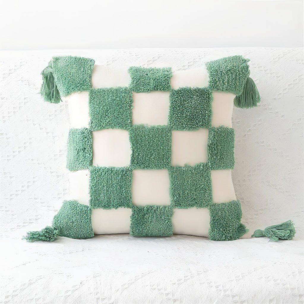 sage green checkered tufted pillow