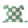 sage green checkered tufted pillow