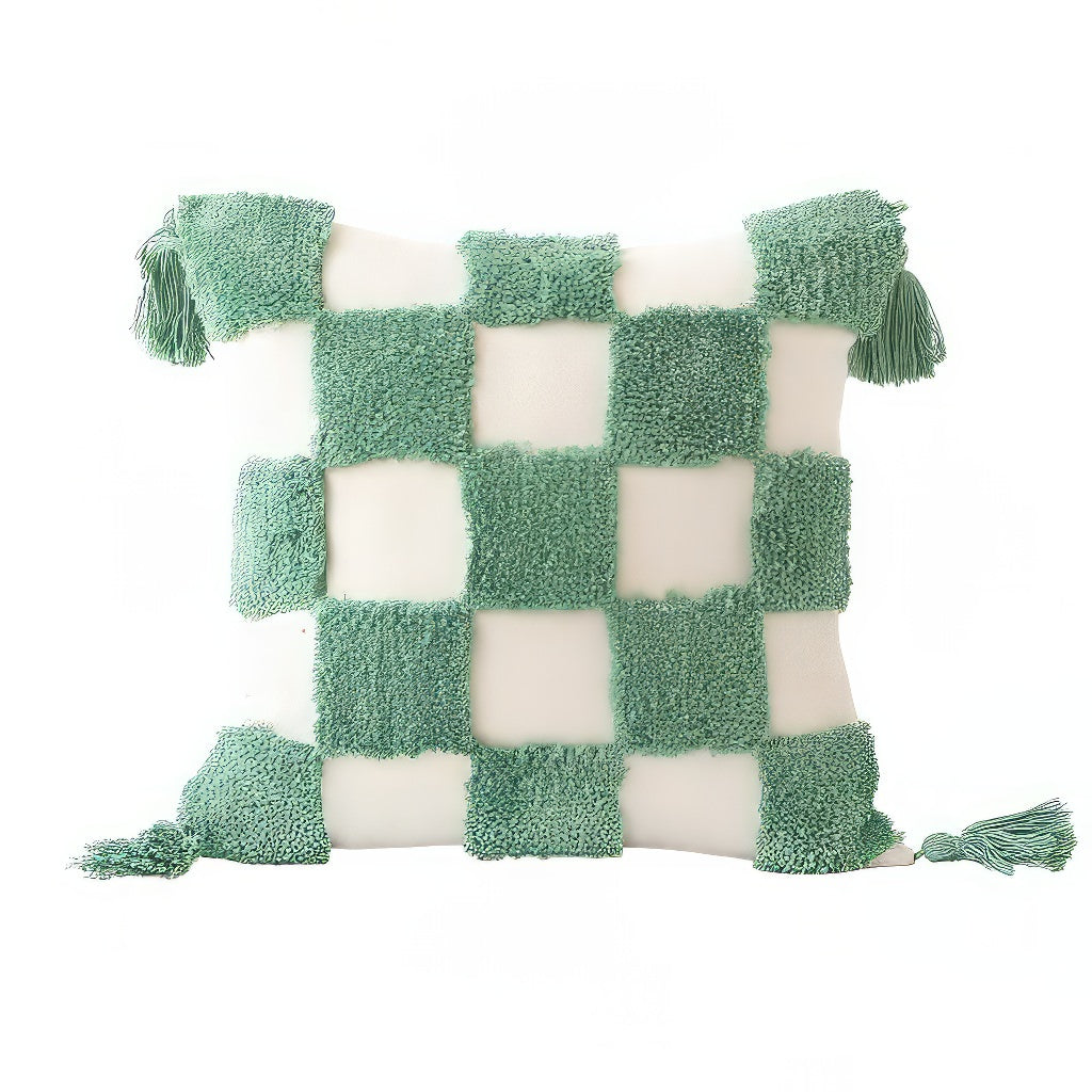 sage green checkered tufted pillow