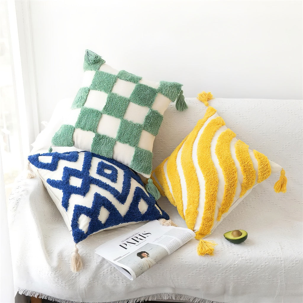 sage green checkered tufted pillow