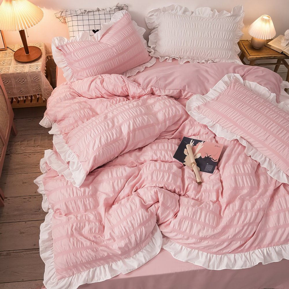 soft girl aesthetic seersucker fabric bedding duvet cover set 