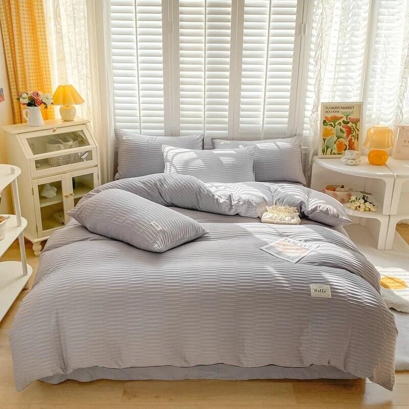 WONGS BEDDING Set Piumino Seersucker Bianco Queen - 1 Piumone 228x228 Cm + 2 Federe, Morbido E Vintage