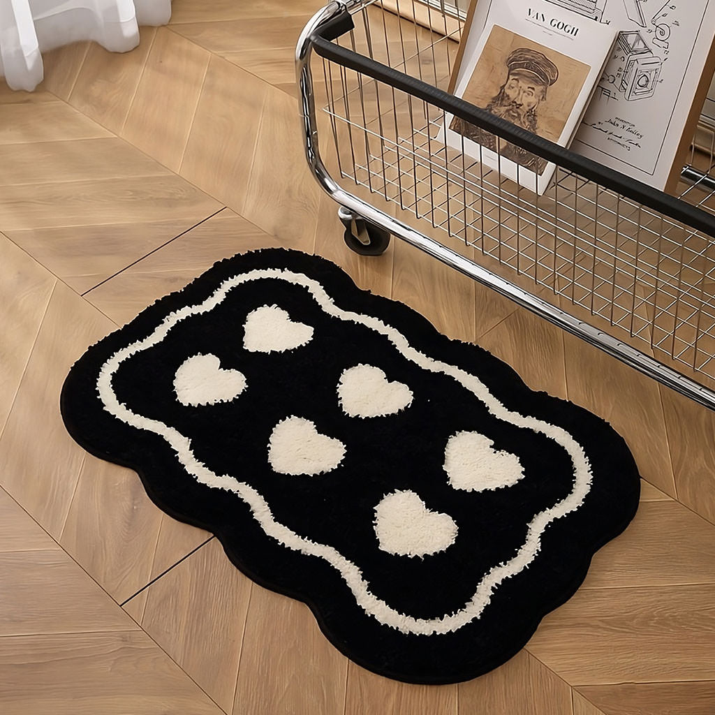 six hearts black white tufted rug