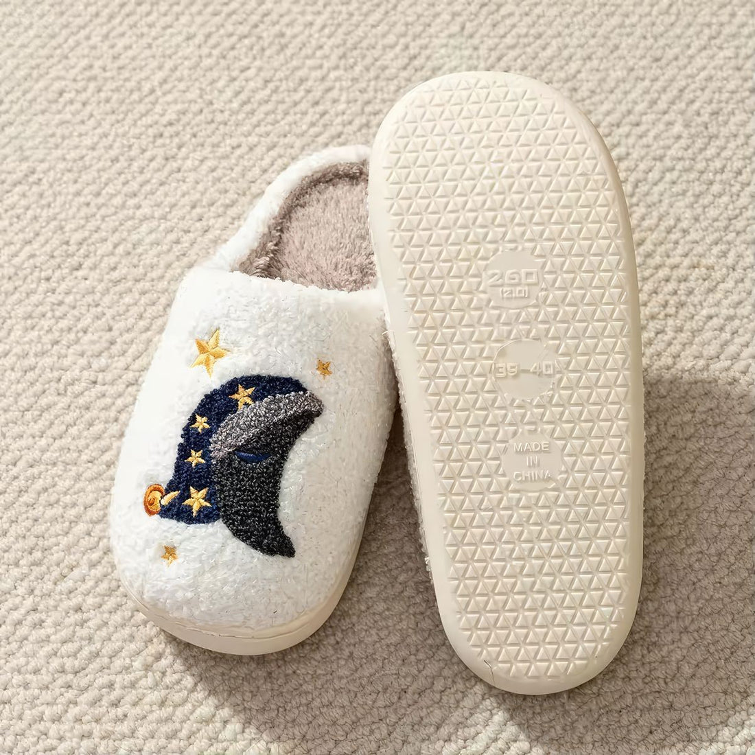 plushie slippers with sun and moon embroidery