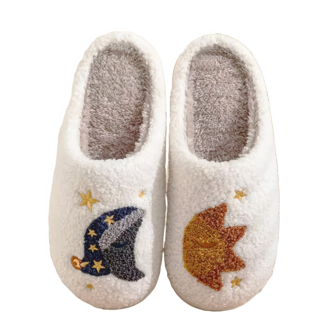 plushie slippers with sun and moon embroidery