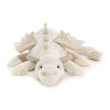 white snow dragon plush toy with soft fur and beige wings