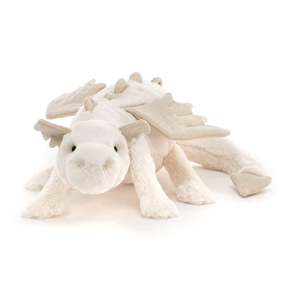 white snow dragon plush toy with soft fur and beige wings