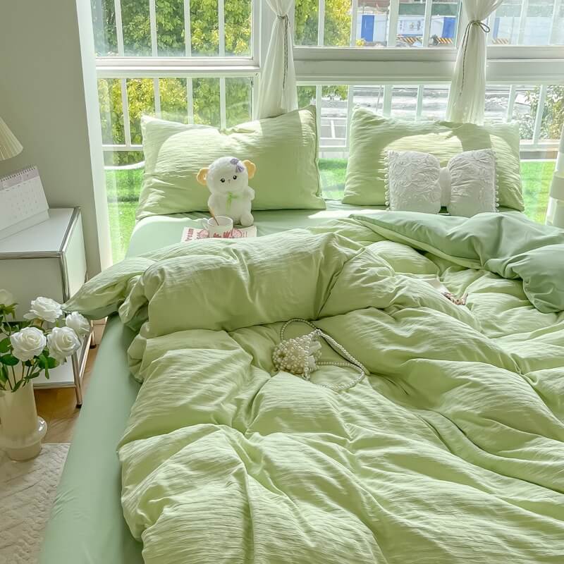 soft cloud ribbed washed cotton effect bedding set in green color