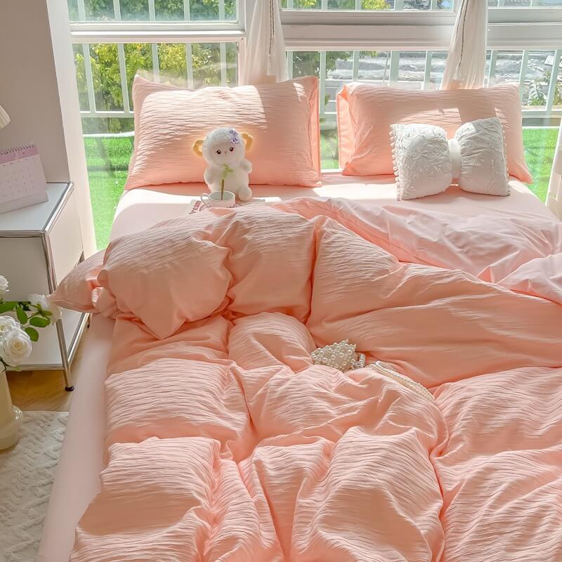soft cloud ribbed washed cotton effect bedding set in pink color